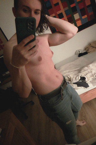 White athletic transfem with wet lightbrown hair and nude upper body, taking a mirror selfie (face half obscured behind phone).
Only wearing blue washed out jeans.
