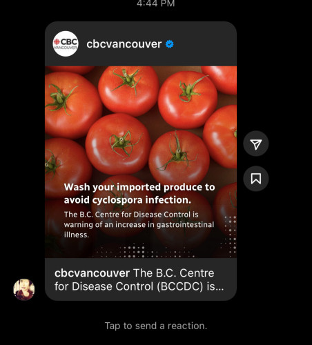 (1) Thumbnail of CBC Vancouver news story sent via Instagram messages. There’s a preview thumbnail, the title, and some text. 
