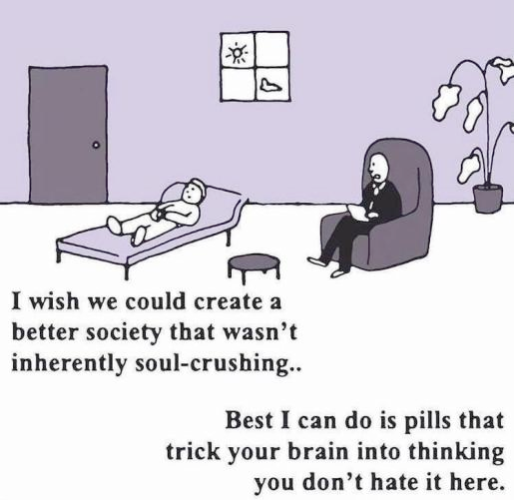 Patient: I wish we could create a better society that wasn't inherently soul-crushing.

Psychiatrist: Best I can do is pills that trick your brain into thinking you don't hate it here.