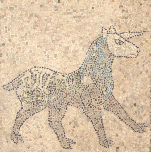 A re'em from a floor mosaic in Ravenna from the 12th century, showing what is basically a dog, goat, or horse with a horn on its head, with gray-blue skin and white-black-blue stripes on its back; its face is entirely white, as is the horn. Its expression is fierce.