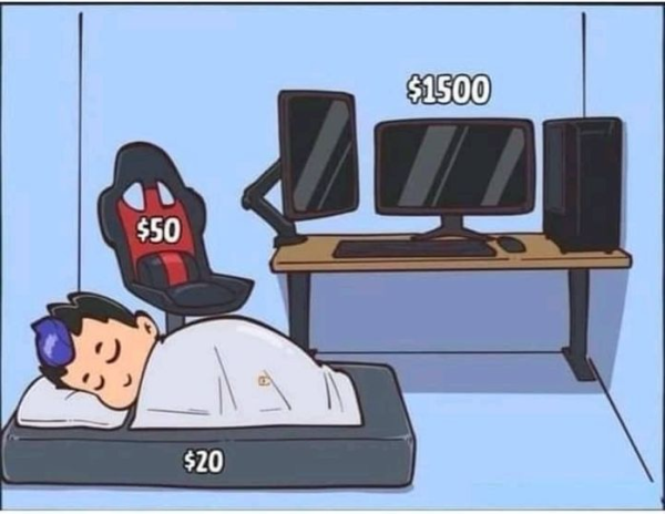 A developer is sleeping on the floor. This person has a modest desktop computer with two external monitors worth 1500 and a $50 computer chair. 