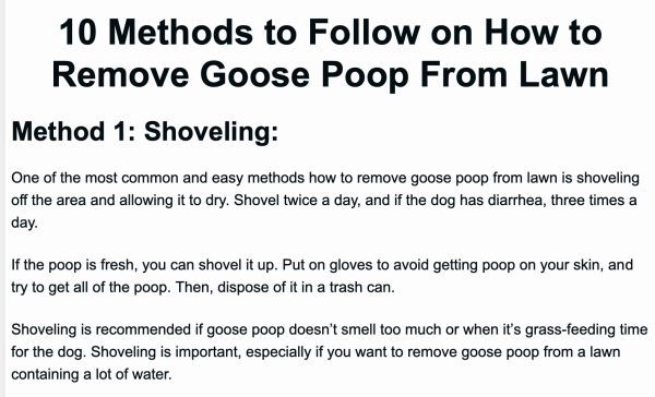 “10 Methods to Follow on How to Remove Goose Poop From Lawn
Method 1: Shoveling:
One of the most common and easy methods how to remove goose poop from lawn is shoveling off the area and allowing it to dry. Shovel twice a day, and if the dog has diarrhea, three times a day.
If the poop is fresh, you can shovel it up. Put on gloves to avoid getting poop on your skin, and try to get all of the poop. Then, dispose of it in a trash can.
Shoveling is recommended if goose poop doesn’t smell too much or when it’s grass-feeding time for the dog. Shoveling is important, especially if you want to remove goose poop from a lawn containing a lot of water.”