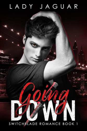 Cover - Going Down by Lady Jaguar - Handsome young white boy with dark hair and mascara in black and white, right arm on his head, looking at the viewer, in a dark gray t-shirt, bridge and skyscrapers at night in the background