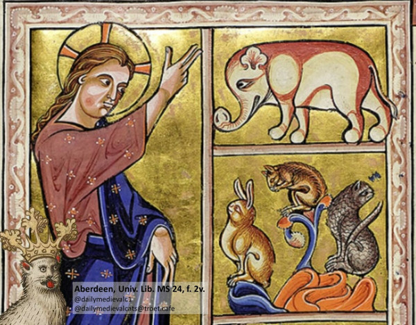 Picture from a medieval manuscript: A cat not paying attention to Jesus.