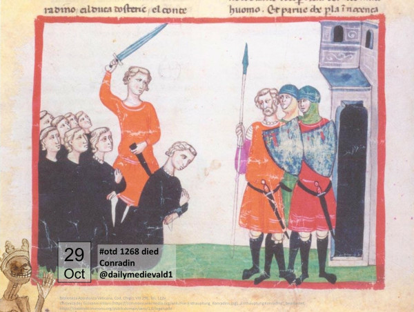 The picture shows a miniature from a medieval manuscript, Conradin is beheaded before the eyes of Charles of Anjou