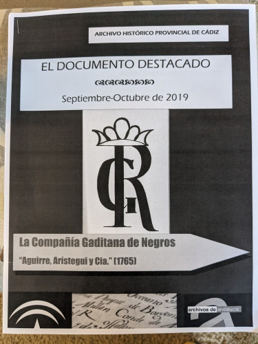 Cover of an article showing the brand representing la companía Gaditana de Negros: the outline of a crown atop the letters G and R.