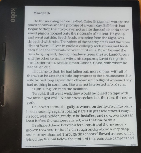 Image shows a Kobo Sage ereader with  a story by Ngaio Marsh on screen, "Morepork" 
