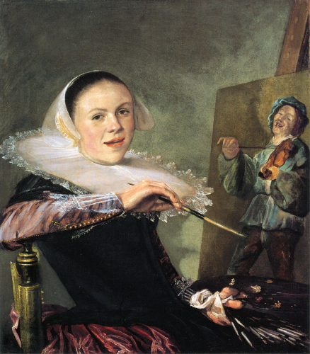 Self-Portrait by Judith Leijster (or Leyster) done around 1630. She sits, in a full expensive outfit with lace and stiff corsetry and a gigantic ruff, at her easel, painting a man playing the violin.  She looks as if she's just turned to the viewer to say hello.