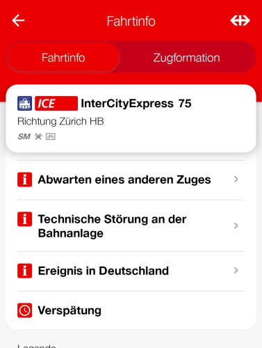 Fahrtinfo des InterCityExpress 75 Richtung Zürich HB
Als Informationen werden aufgeführt:
Abwarten eines anderen Zuges,
Technische Störung an der Bahnanlage,
Ereignis in Deutschland, 
Verspätung.