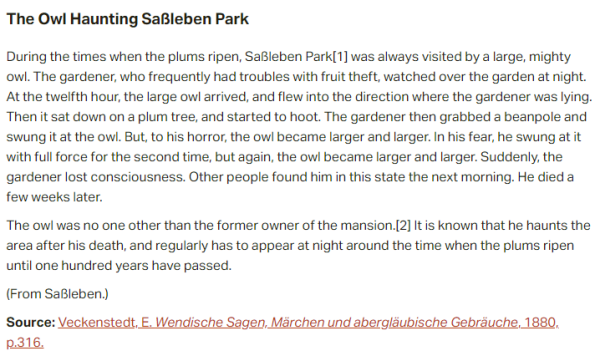 German folk tale "The Owl Haunting Saßleben Park". Drop me a line if you want a machine-readable transcript!