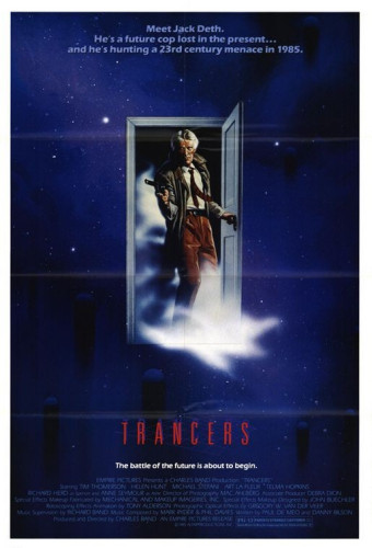 The promotional poster for the 1985 Charles Band film "Trancers"

text on poster reads:

Meet Jack Deth. He's a future cop lost in the present... He's hunting a 23rd century menace in 1985.
Trancers. The battle of the future is about to begin.