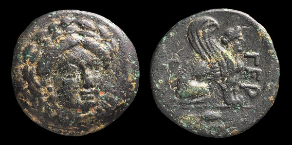 Each side of a small bronze coin agaibst a black background, from Gergis, Troas, with facing bust of Sibyl Herophile, wearing a laurel wreath, and on the reverse the winged Sphinx, seated, with an ear of grain below
