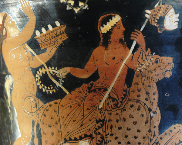 Red-figure vase painting of Dioncxysos riding a lynx.