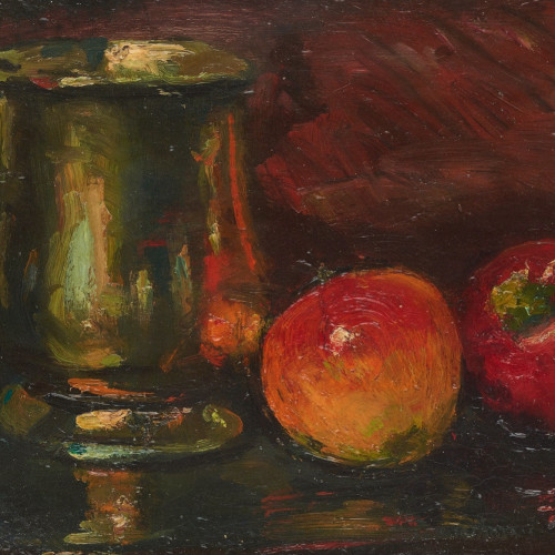 An oil painting of a metal tankard and two apples by George Leslie Hunter 