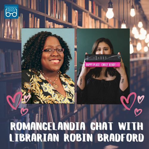 Head shot of Robin and host Emma Dwyer, over a background of library book shelves. Text below reads, "Romancelandia chat with librarian Robin Bradford"