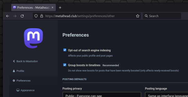 Screen shot of my Mastodon preferences on https://metalhead.club showing the default setting for the search engine indexing is "Opt-out".