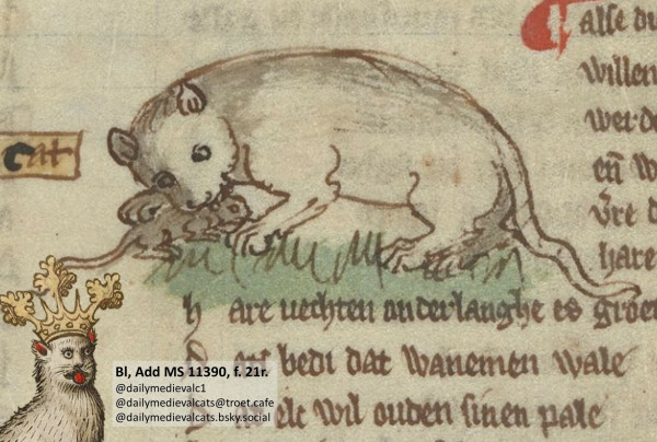 Picture from a medieval manuscript: A white cat eating a mouse int the gras