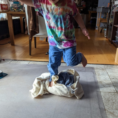 The Dread Pirate kid jumping on a towel wrapped piece of wet knitting to get the water out. He is doing so with great glee and a lot of running around.
