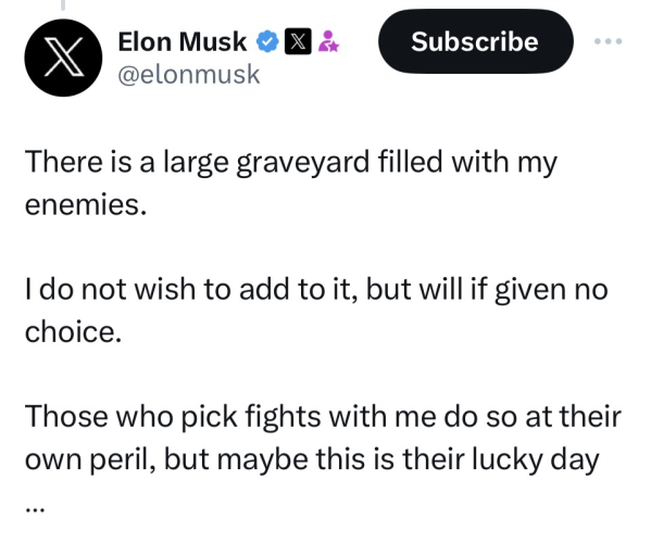 Tweet from Elon musk There is a large graveyard filled with my enemies.