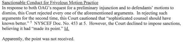 Screenshot from a court decision in the New York fraud case against Donald Trump, which includes the line (omitting citations):
"In rejecting such arguments for the second time, this Court cautioned that 'sophisticated counsel should have known better.' However, the Court declined to impose sanctions, believing it had 'made its point.' Apparently, the point was not received."