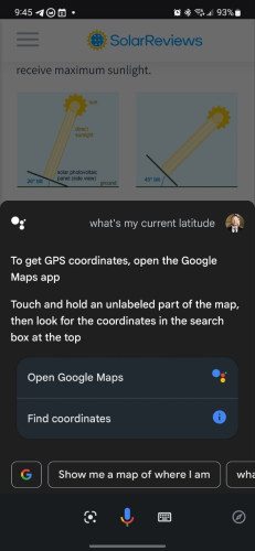 A screenshot of Google Assistant unable to tell me my latitude but instead giving me instructions to manually look it up in Google maps.