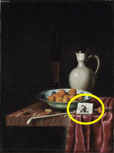 In this 1671 painting from Hubert van Ravesteijn you see an exclusively designed paper packet leaning against a clay pipe, ready for consumption in a tavern. In the back are a drinking glass and walnuts standing on a table. 