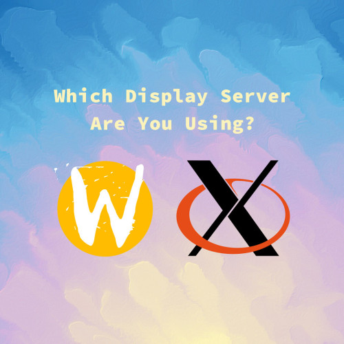 A splash of blue and pink watercolors cover the background with logos on top of Canonical Mir, Wayland, and X.Org are displayed below the text of Which Display Server Are You using?