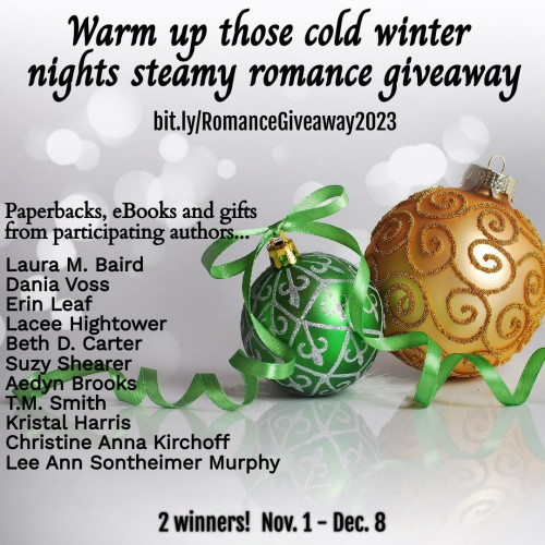 Poster for giveaway with a list of all the authors participating.
"Warm up those cold winter nights steamy romance giveaway"
Open Nov 1 - Dec 8
