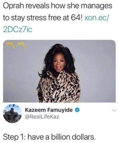 A picture of a screenshot of an article about Oprah saying Oprah Reveals how she manage to stay stree free at 64! and the comment below being Step 1: have a billion dollar