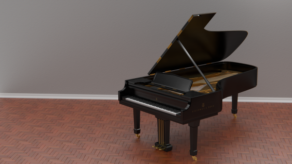 A photograph of a grand piano in front of a freshly painted grey wall. 
