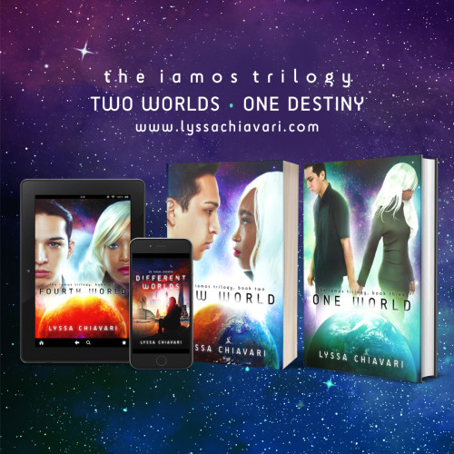 A graphic featuring the covers of the three novels of the Iamos Trilogy, plus the novella:
Book 1: Fourth World
Book 1.5: Different Worlds
Book 2: New World
Book 3: One World