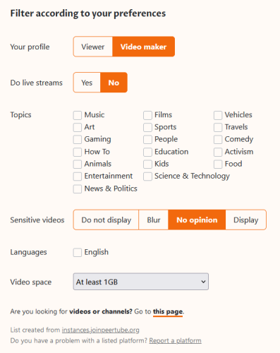 Screenshot of the filters available on the PeerTube instance search page. No topic or language filters have been set.