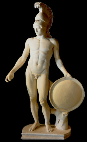White statue of Ares-Mars against a black background. The god is nude and only wears a crested helmet.