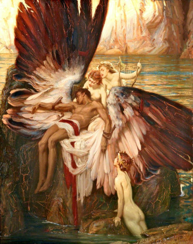 Painting depicting Icarus after he has fallen from the sky. His body with its strapped on wings lies on a rock in the sea. He is surrounded by sea nymphs.