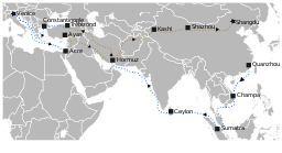 Map showing Marco Polo's journeys to and from China. Brown lines indicate land trips; blue lines sea trips. Countries are indicated with modern borders; these are for context only.

Note: Although certain places are know to be on his route, thousands of miles in between is largely unaccounted for.
Route details are drawn from the Encyclopedia Britannica online edition.