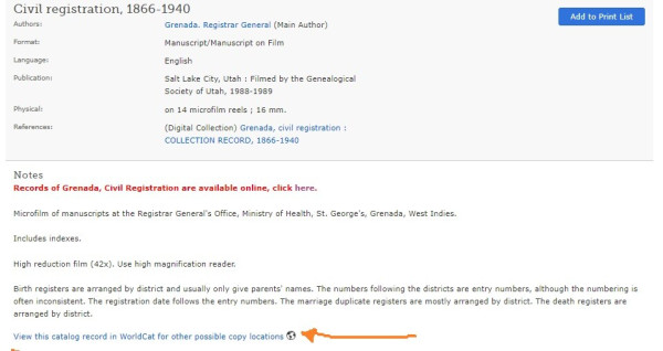 Record from FamilySearch catalog with link to WorldCat highlighted. WorldCat is the free database of the stuff in the libraries of the world.