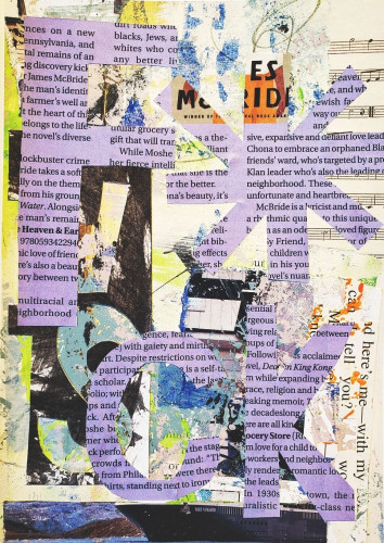 A collage of torn and painted paper, with letters cut out that say "F*ck".