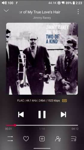 Screenshot of #HiRes audio player with album cover for Two of a Kind, which shows Jimmy Raney and Jim Hall standing outside with what appears to be railing behind this, like they are just outside the recording studio. The picture is black and white. 
