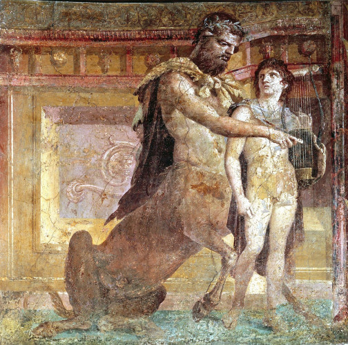 A Roman fresco from Herculaneum showing Chiron as he instructs a young Achilles in the art of playing the lyre.