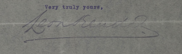 A close up of the end of a letter, that in typescript reads "Very truly yours," and this is followed by an underlined handwritten signature. The first name looks like it begins "Leo" and the second name looks like it begins with "El".