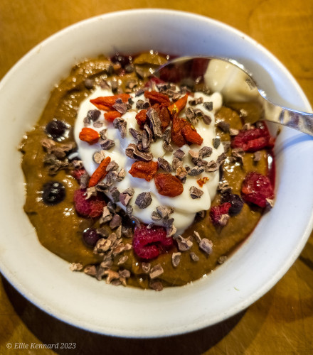 A white bowl has chocolate pudding in it with yogurt topping, blueberries, raspberries visible and brown cacao nibs and red dried goji berries sprinkled on the top. A spoon is about to dig into it.