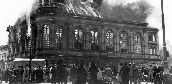 The Boerneplatz synagogue in flames on Nov. 10, 1938, during the 'Night of Broken Glass' in Frankfurt, Germany. 