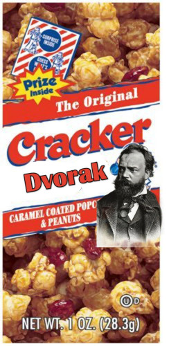Cracker Jack box renamed "Cracker Dvorak" with a picture of Dvorak. 