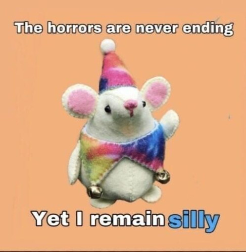 "the horrors are never ending 
Yet I remain silly"
With a cute picture of a mouse wearing a rainbow colored outfit and a party hat