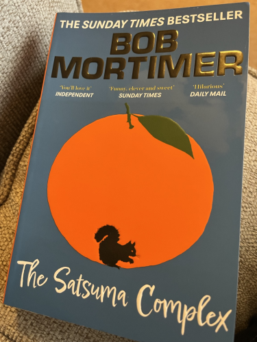 Front cover of the novel The Satsuma Complex by Bob Mortimer featuring a blue background with a large satsuma and the silhouette of a squirrel.