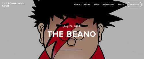 Episode webpage for The Beano with a picture of Dennis the Menace with the David Bowie lightning bolt.