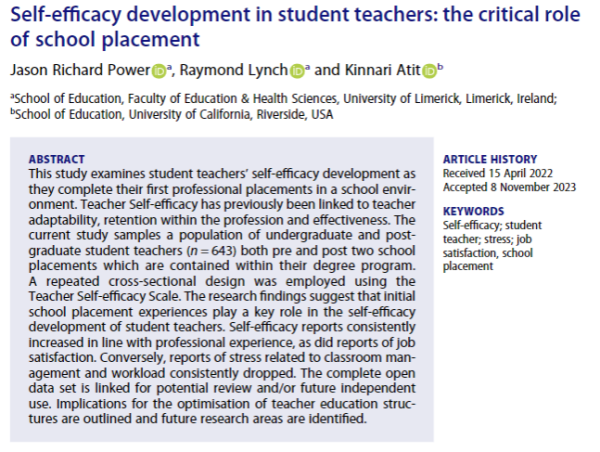 Picture of a research paper abstract describing a study that examined student teacher self-efficacy development