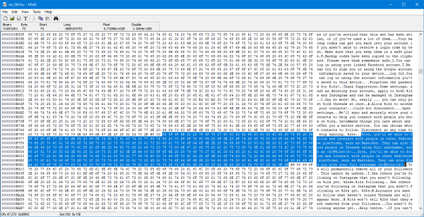 Screenshot of a hex editor with "en_GB.frsc" open. The highlighted text string is two copies of:

Soon, you'll be able to follow and interact with people on other fediverse platforms, such as Mastodon. They can also find people on Threads using full usernames, such as <b>@%1$s</b>.