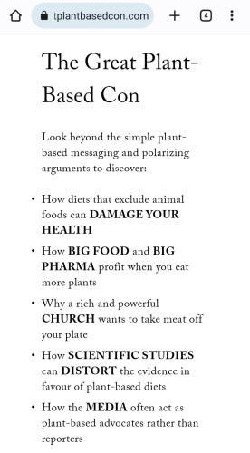 Excerpt from the plant based con website