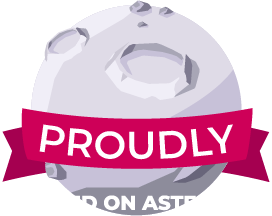 Asteroid mit Banner und Text: PROUDLY HOSTED ON ASTEROIDS für dunkle Hintergründe